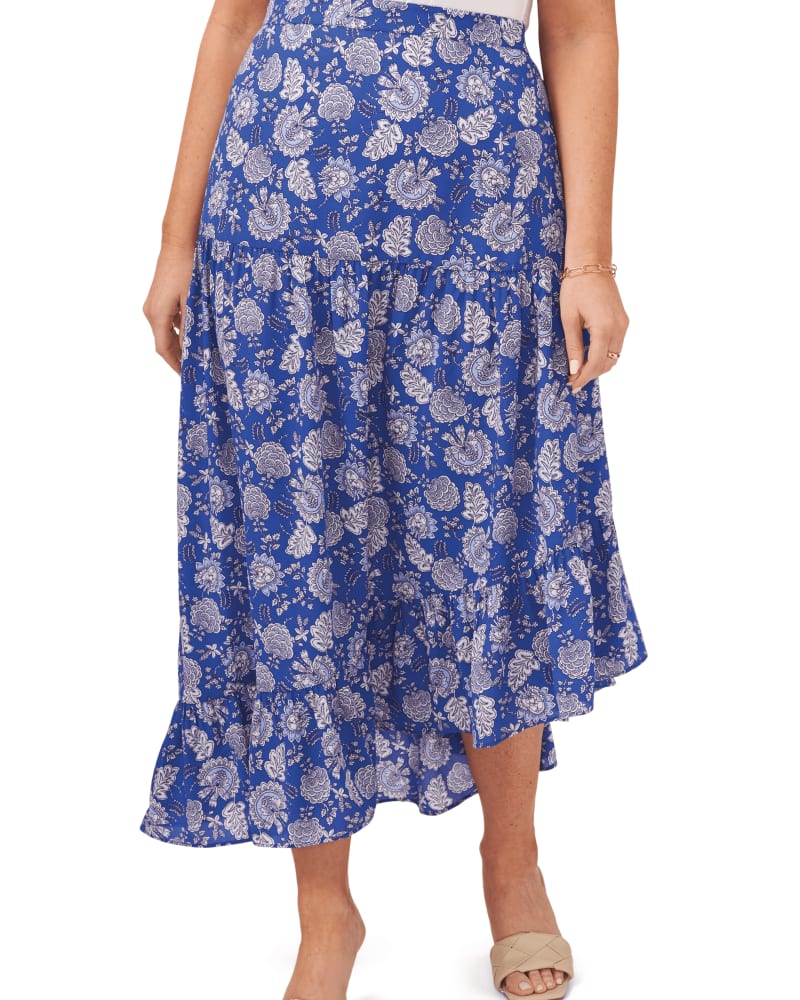 Front of a model wearing a size 1X Quinn Asymmetrical Skirt in DEEP AZURE by Vince Camuto. | dia_product_style_image_id:261976